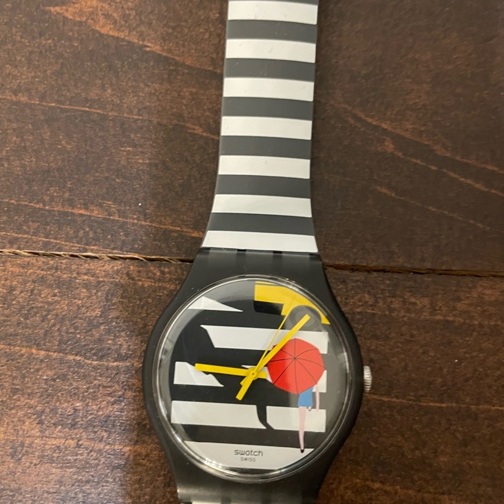 Swatch Black and White Striped Watch with Red and Blue Accents - Picture 2 of 7